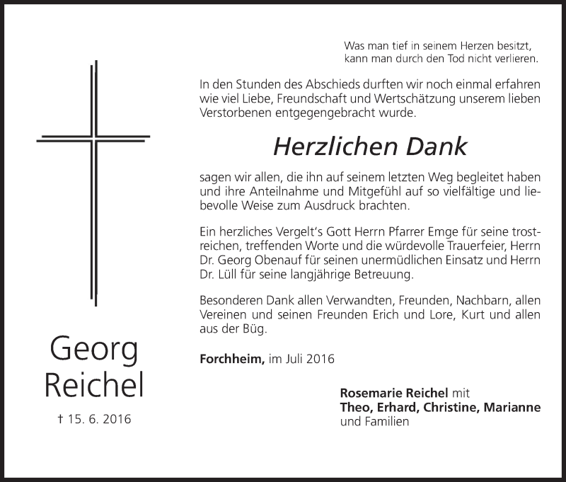  Traueranzeige für Georg Reichel vom 02.07.2016 aus MGO