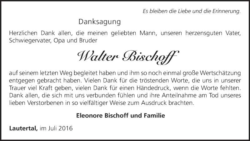  Traueranzeige für Walter Bischoff vom 16.07.2016 aus MGO