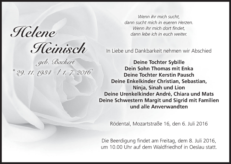  Traueranzeige für Helene Heinisch vom 06.07.2016 aus MGO