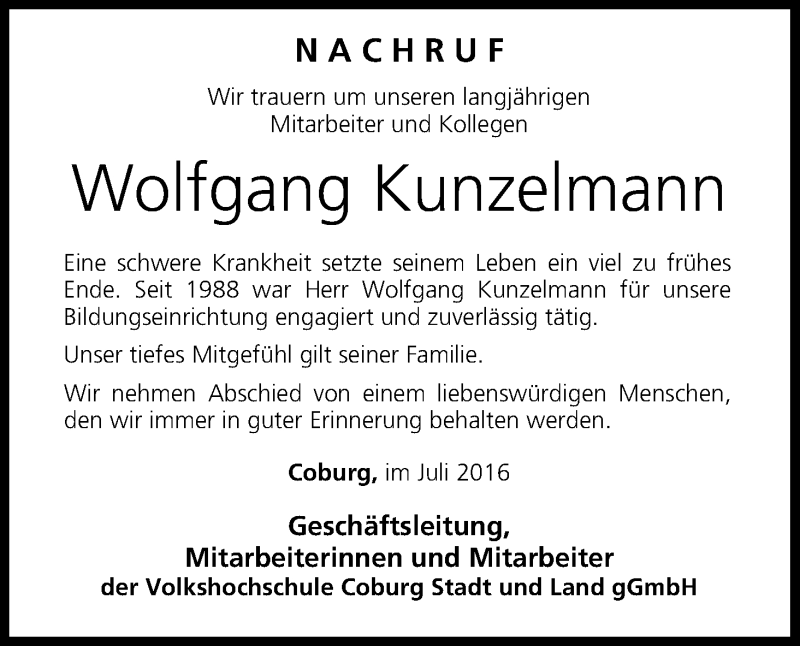  Traueranzeige für Wolfgang Kunzelmann vom 16.07.2016 aus MGO