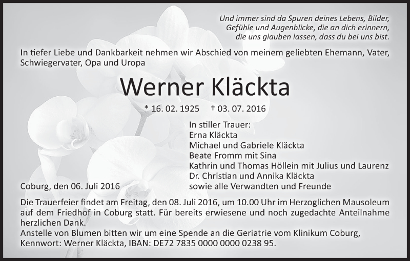  Traueranzeige für Werner Kläckta vom 06.07.2016 aus MGO