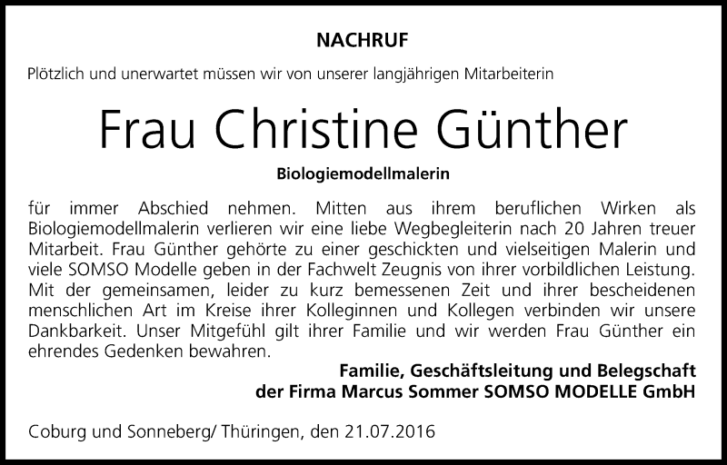  Traueranzeige für Christine Günther vom 21.07.2016 aus MGO