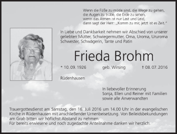 Anzeige von Frieda Brohm von MGO