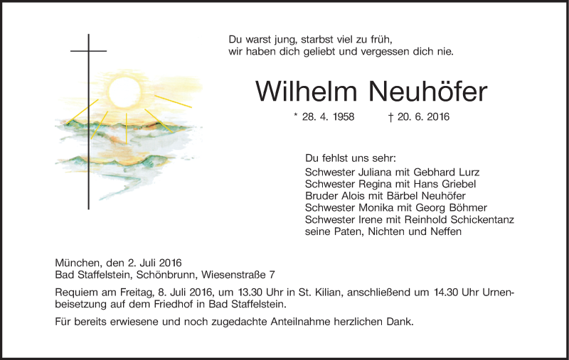  Traueranzeige für Wilhelm Neuhöfer vom 02.07.2016 aus MGO