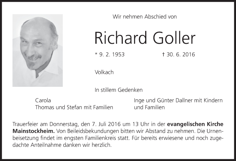  Traueranzeige für Richard Goller vom 05.07.2016 aus MGO