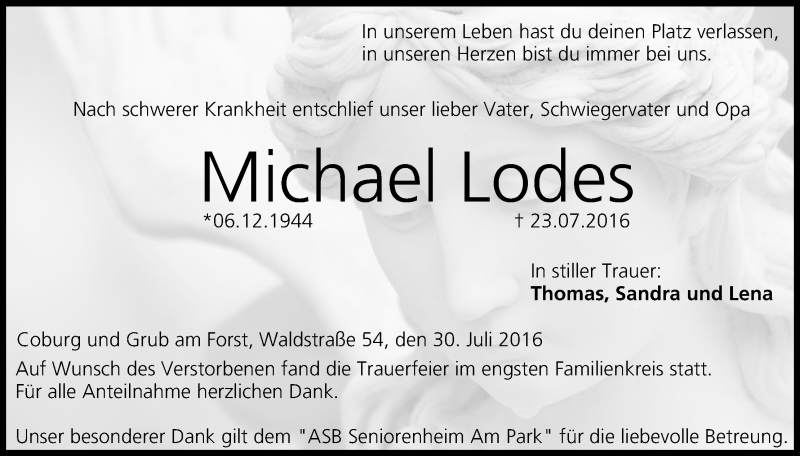  Traueranzeige für Michael Lodes vom 30.07.2016 aus MGO
