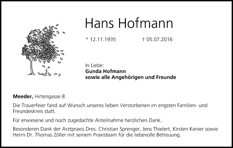  Traueranzeige für Hans Hofmann vom 09.07.2016 aus MGO