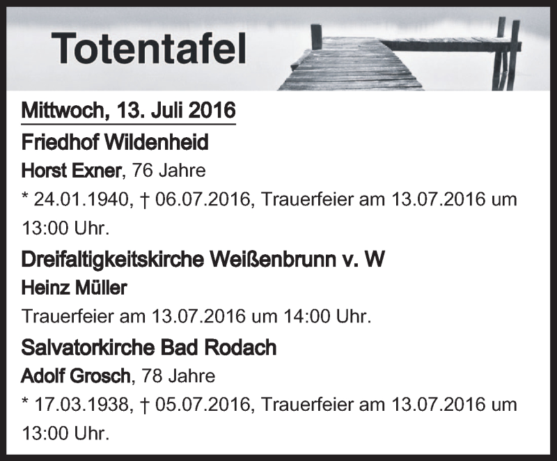  Traueranzeige für Totentafel vom 13.07.2016 vom 13.07.2016 aus MGO