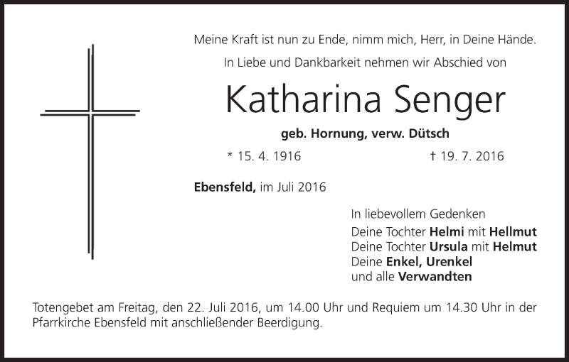  Traueranzeige für Katharina Senger vom 21.07.2016 aus MGO