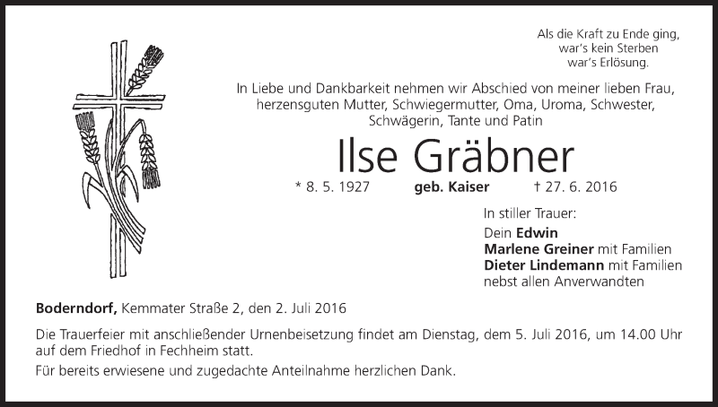  Traueranzeige für Ilse Gräbner vom 02.07.2016 aus MGO