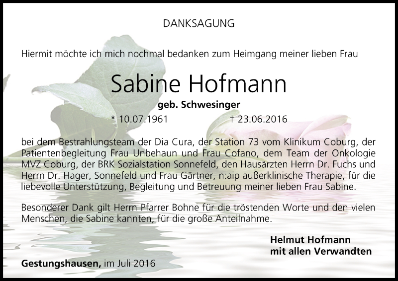  Traueranzeige für Sabine Hofmann vom 16.07.2016 aus MGO
