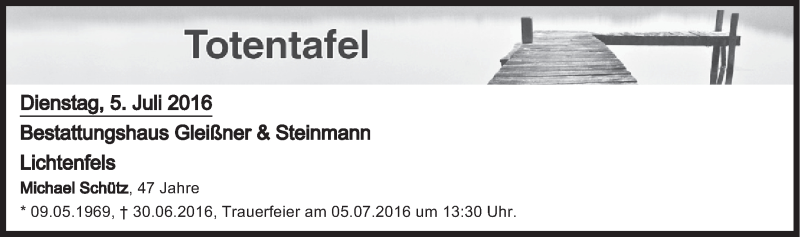  Traueranzeige für Totentafel vom 05.07.2016 vom 05.07.2016 aus MGO