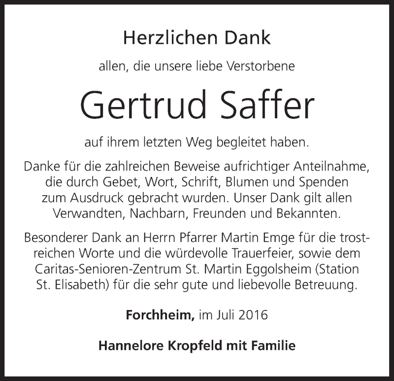  Traueranzeige für Gertrud Saffer vom 30.07.2016 aus MGO