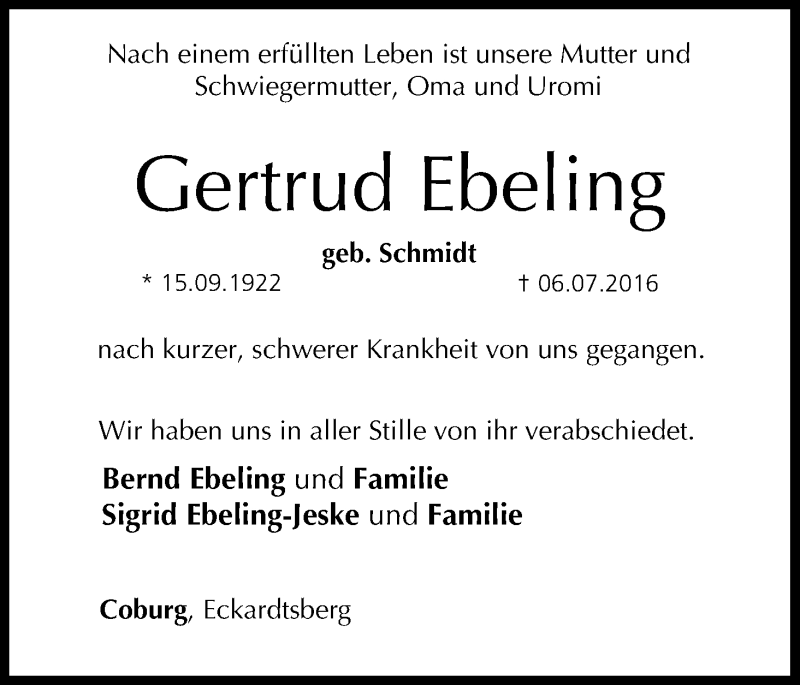  Traueranzeige für Gertrud Ebeling vom 12.07.2016 aus MGO