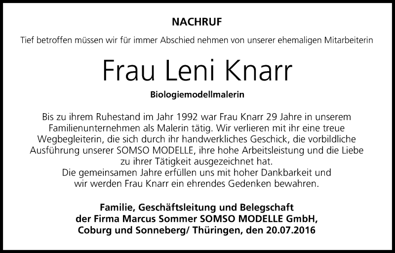  Traueranzeige für Leni Knarr vom 20.07.2016 aus MGO
