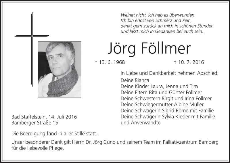  Traueranzeige für Jörg Föllmer vom 14.07.2016 aus MGO