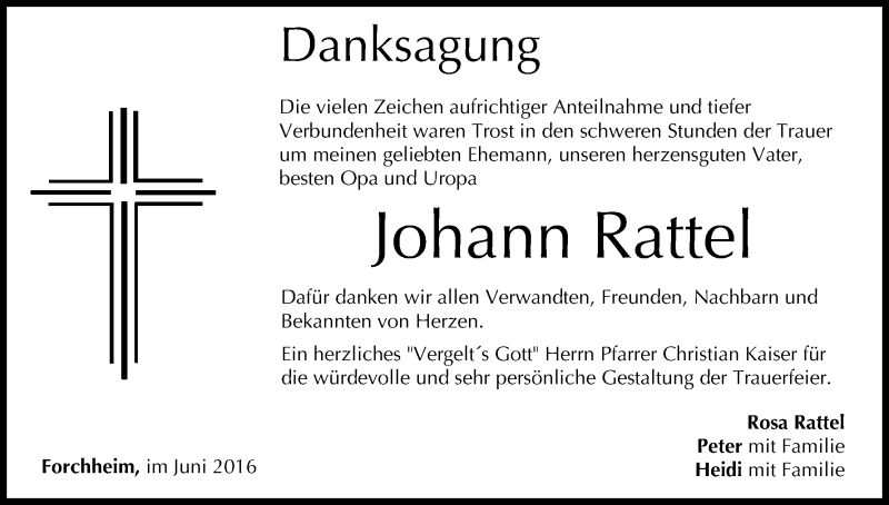  Traueranzeige für Johann Rattel vom 02.07.2016 aus MGO