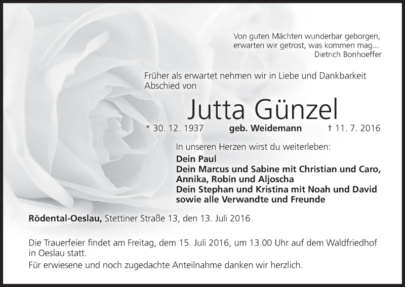  Traueranzeige für Jutta Günzel vom 13.07.2016 aus MGO