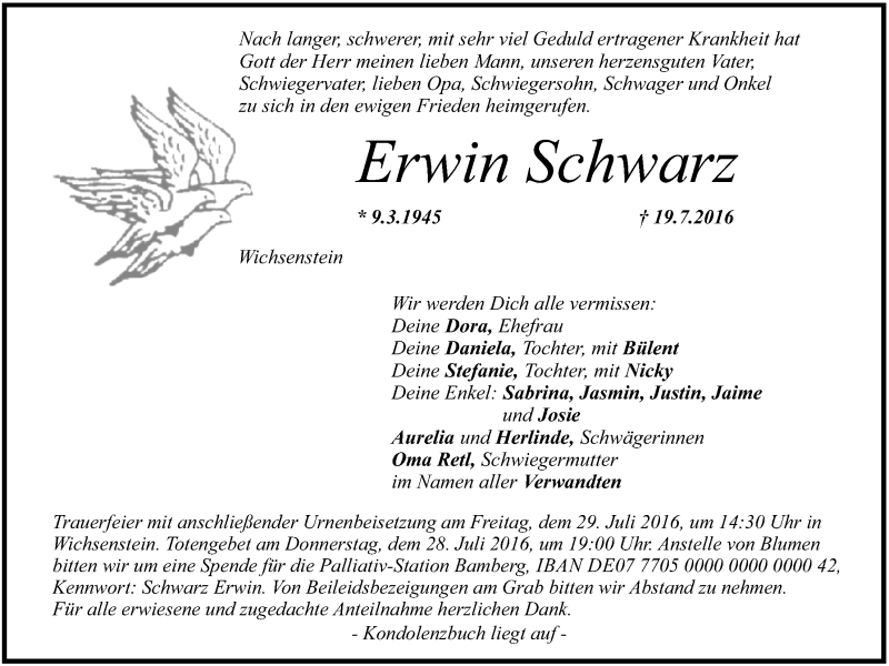  Traueranzeige für Erwin Schwarz vom 23.07.2016 aus MGO