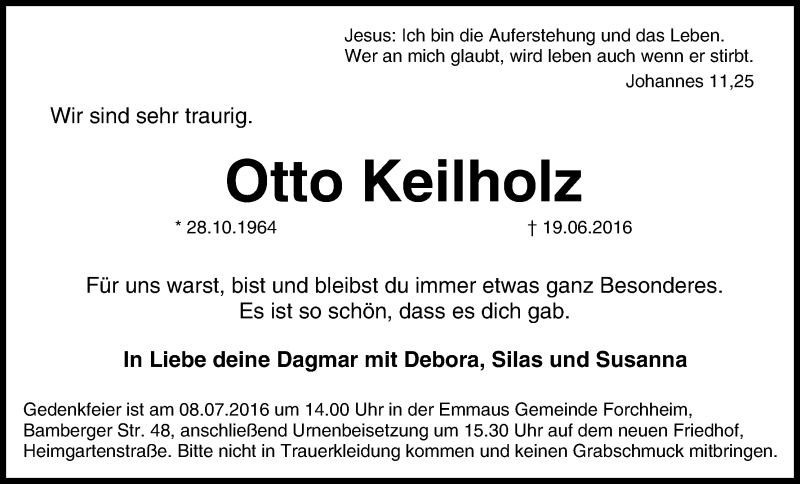  Traueranzeige für Otto Keilholz vom 06.07.2016 aus MGO