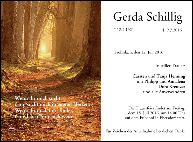  Traueranzeige für Gerda Schillig vom 12.07.2016 aus MGO