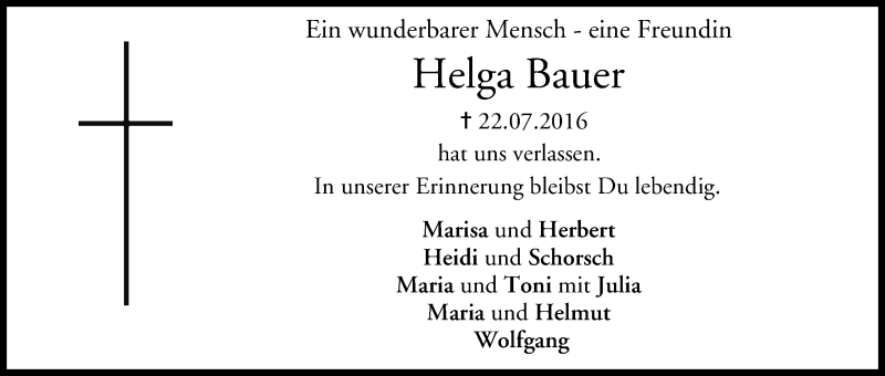  Traueranzeige für Helga Bauer vom 29.07.2016 aus MGO