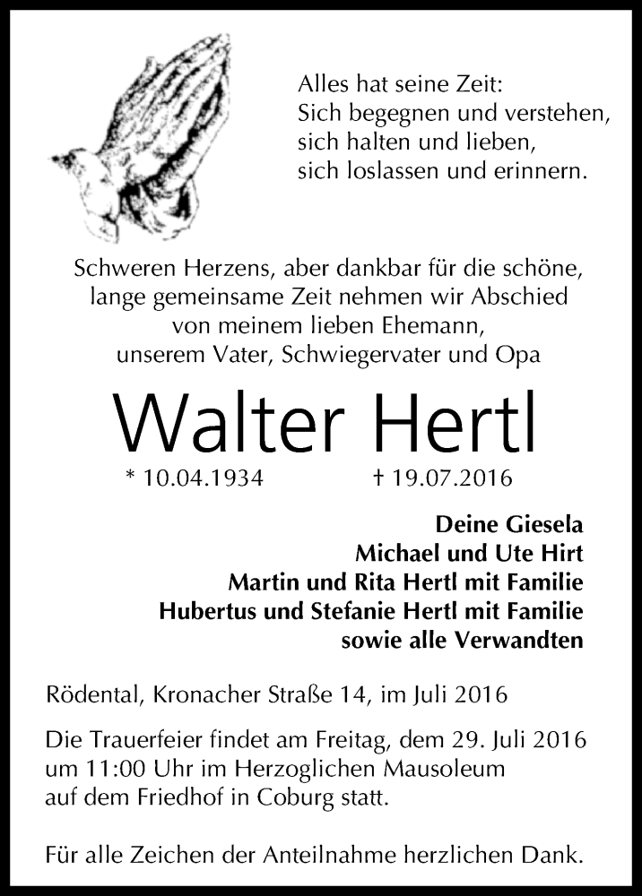  Traueranzeige für Walter Hertl vom 27.07.2016 aus MGO