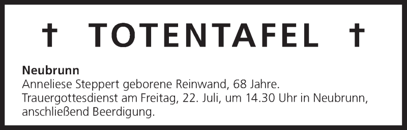  Traueranzeige für Totentafel vom 22.07.2016 vom 22.07.2016 aus MGO