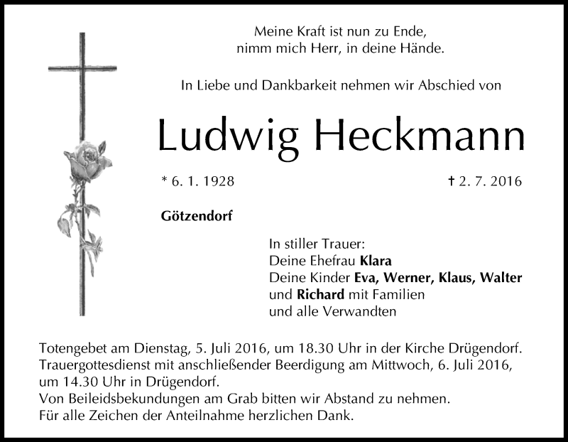  Traueranzeige für Ludwig Heckmann vom 04.07.2016 aus MGO