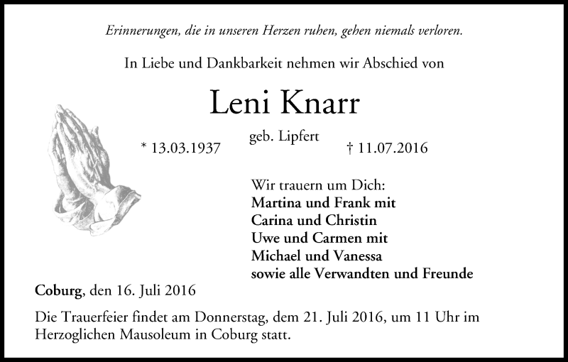  Traueranzeige für Leni Knarr vom 16.07.2016 aus MGO