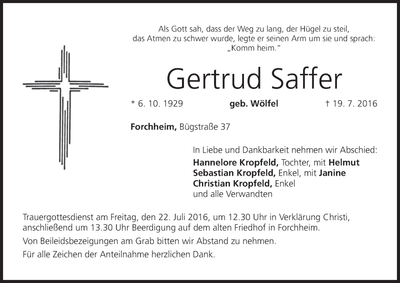  Traueranzeige für Gertrud Saffer vom 20.07.2016 aus MGO
