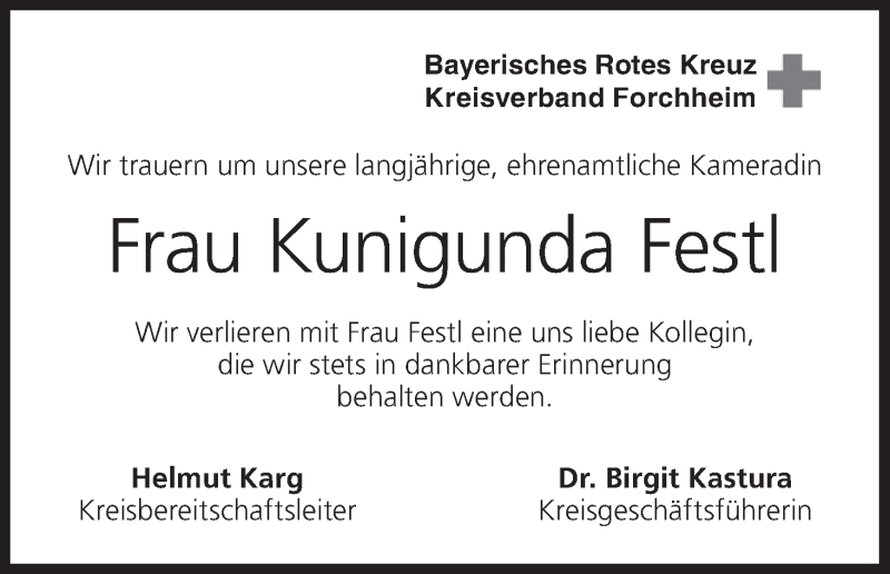  Traueranzeige für Kunigunda Festl vom 09.07.2016 aus MGO
