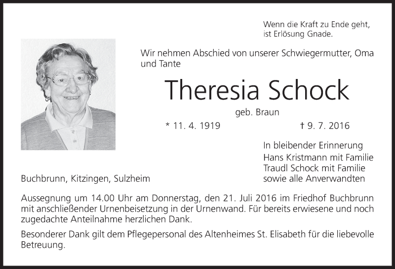  Traueranzeige für Theresia Schock vom 18.07.2016 aus MGO