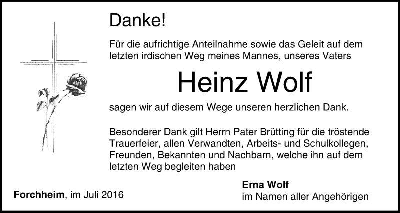  Traueranzeige für Heinz Wolf vom 30.07.2016 aus MGO