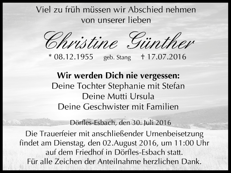  Traueranzeige für Christine Günther vom 30.07.2016 aus MGO