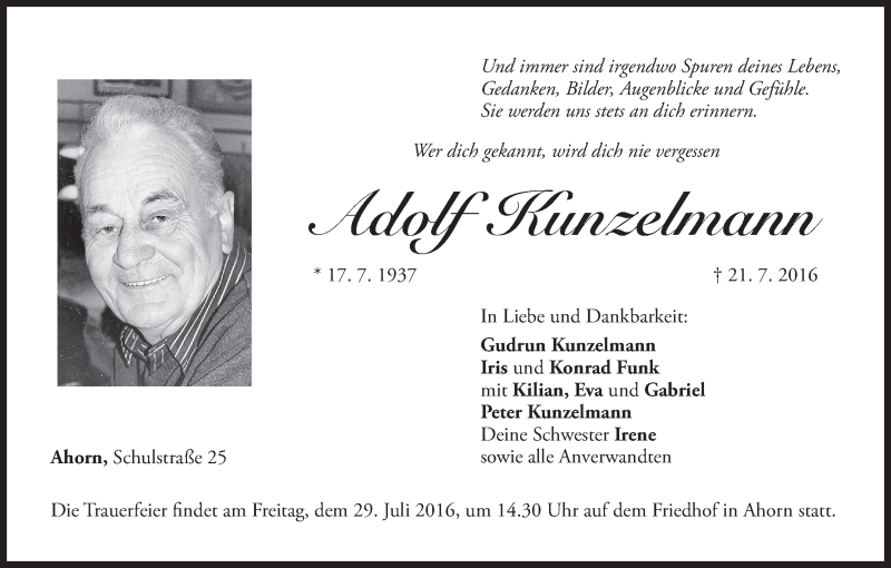 Traueranzeige für Adolf Kunzelmann vom 26.07.2016 aus MGO