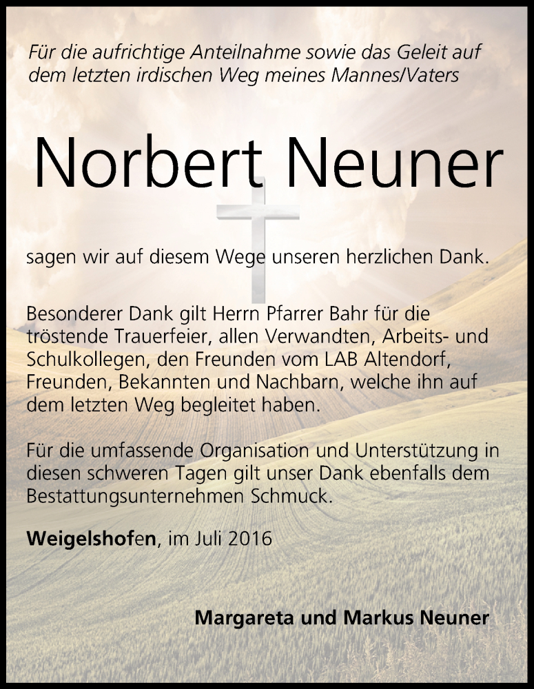  Traueranzeige für Norbert Neuner vom 23.07.2016 aus MGO