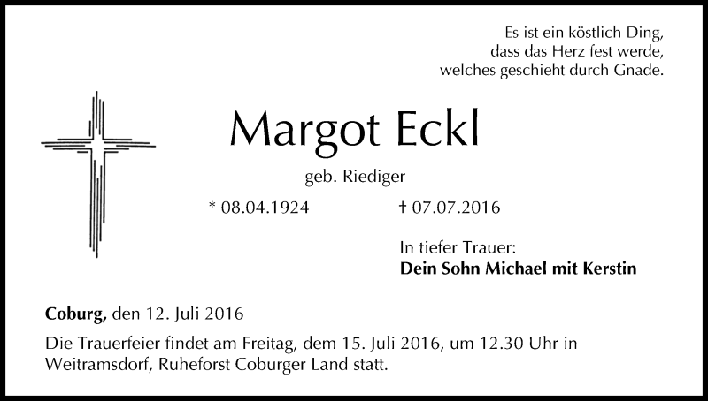  Traueranzeige für Margot Eckl vom 12.07.2016 aus MGO
