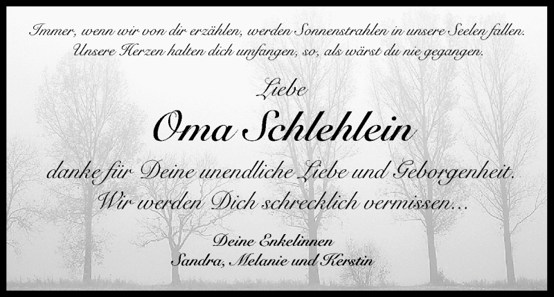  Traueranzeige für Oma Schlehlein  vom 27.07.2016 aus MGO