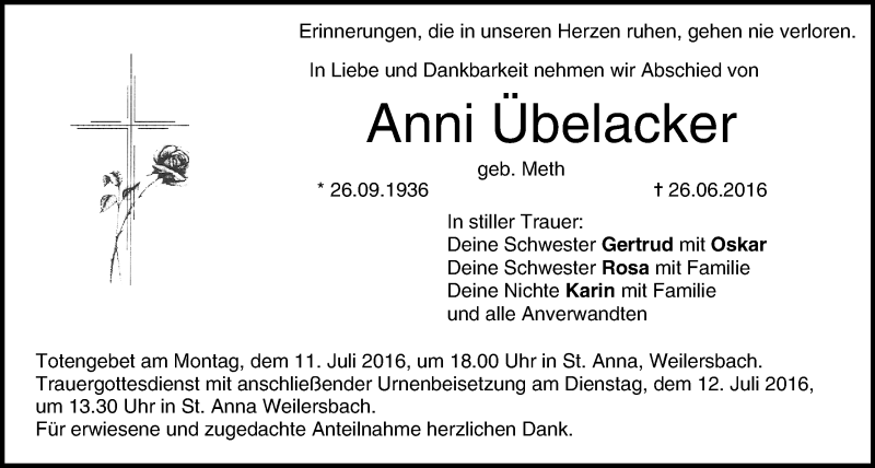  Traueranzeige für Anni Übelacker vom 09.07.2016 aus MGO