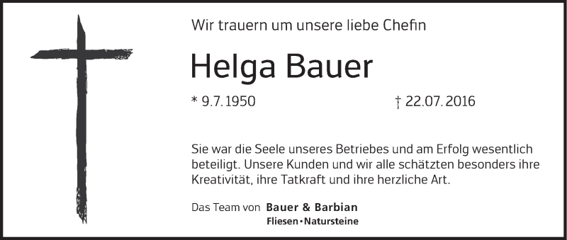  Traueranzeige für Helga Bauer vom 26.07.2016 aus MGO