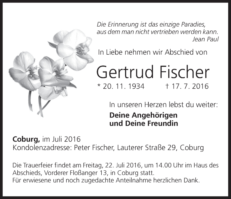  Traueranzeige für Gertrud Fischer vom 20.07.2016 aus MGO