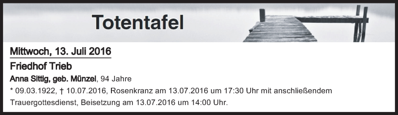 Traueranzeige für Totentafel vom 13.07.2016 vom 13.07.2016 aus MGO