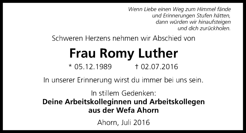  Traueranzeige für Romy Luther vom 12.07.2016 aus MGO