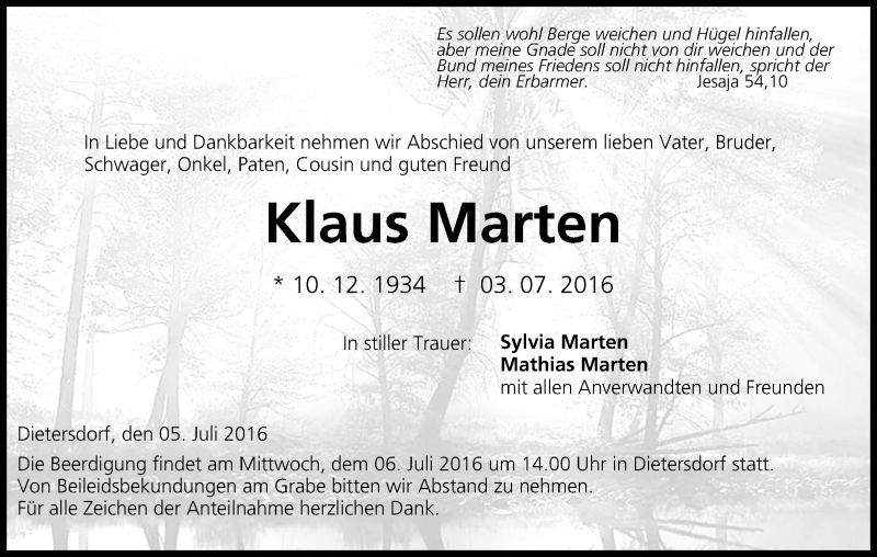  Traueranzeige für Klaus Marten vom 05.07.2016 aus MGO