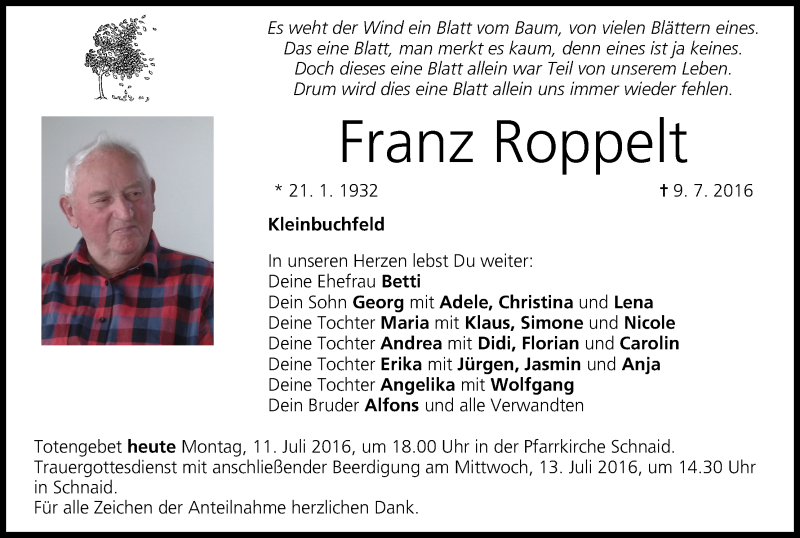  Traueranzeige für Franz Roppelt vom 11.07.2016 aus MGO