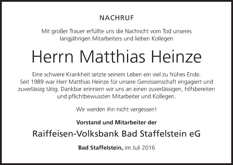  Traueranzeige für Matthias Heinze vom 06.07.2016 aus MGO