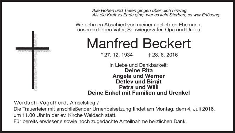  Traueranzeige für Manfred Beckert vom 02.07.2016 aus MGO