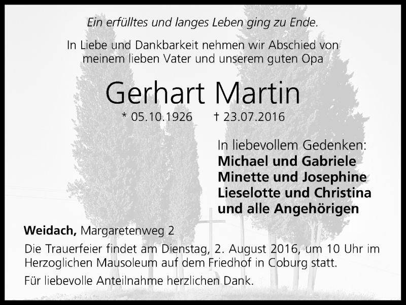 Traueranzeige für Gerhart Martin vom 30.07.2016 aus MGO