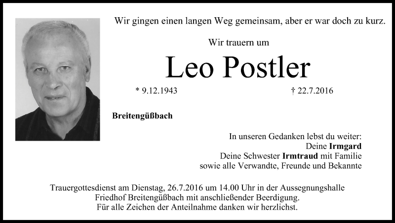  Traueranzeige für Leo Postler vom 25.07.2016 aus MGO